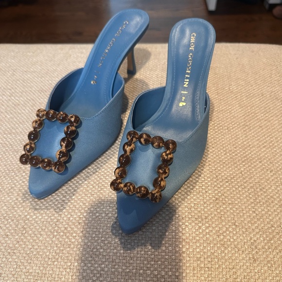 Chloe Gosselin by Larroude Ava Blue Satin Mules Size 8.5 - Picture 5 of 11